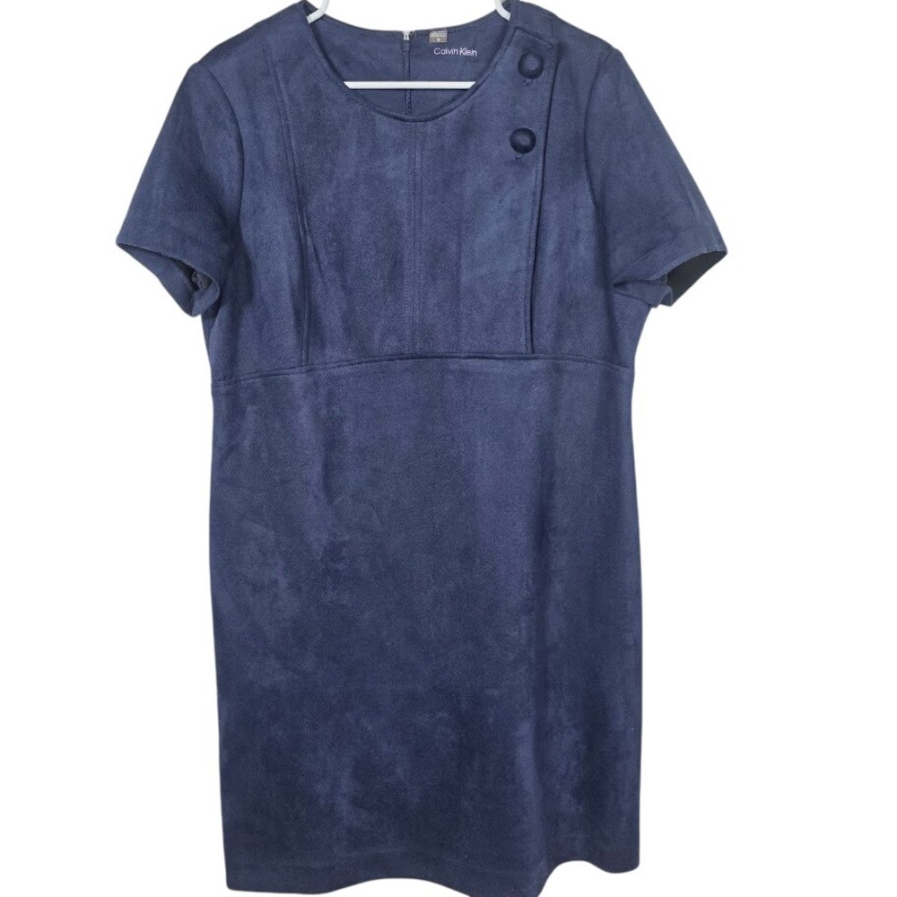 Calvin Klein Faux Suede Dress Women 16 Navy Blue Short Sleeve Shift Workwear
